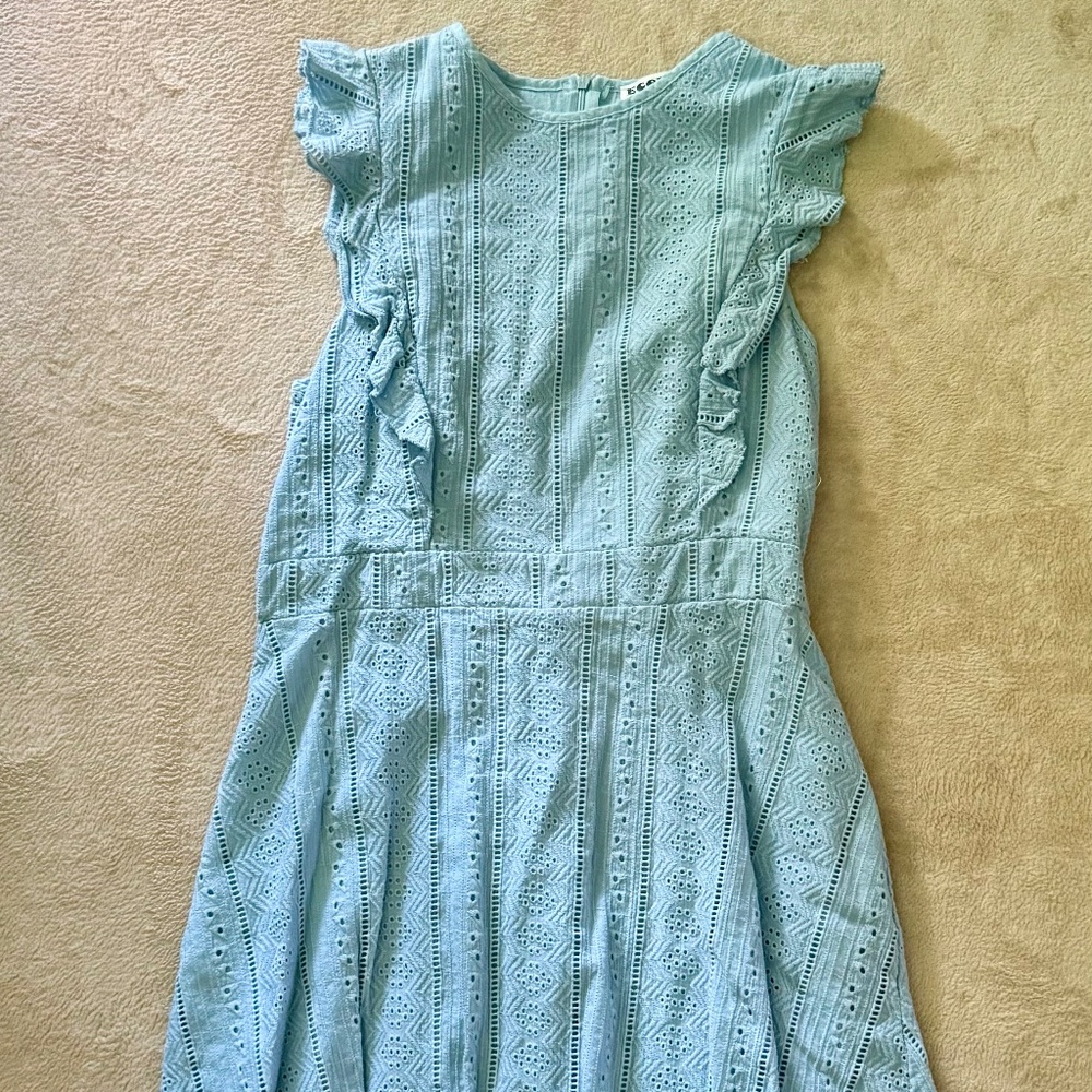 Blue summer dress sewn detail, ruffle sleeve